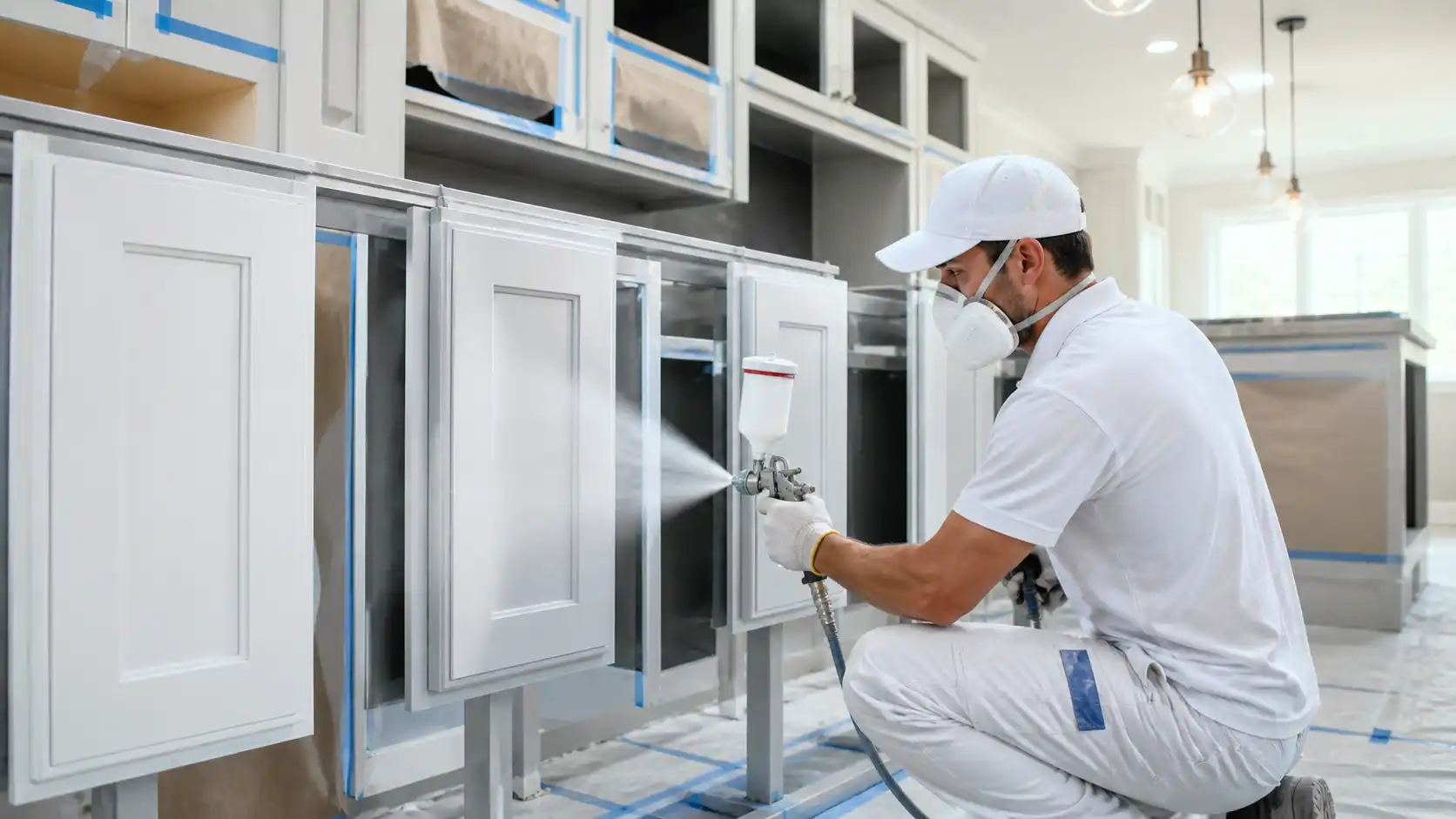 Beautifully refinished white kitchen cabinets with modern hardware