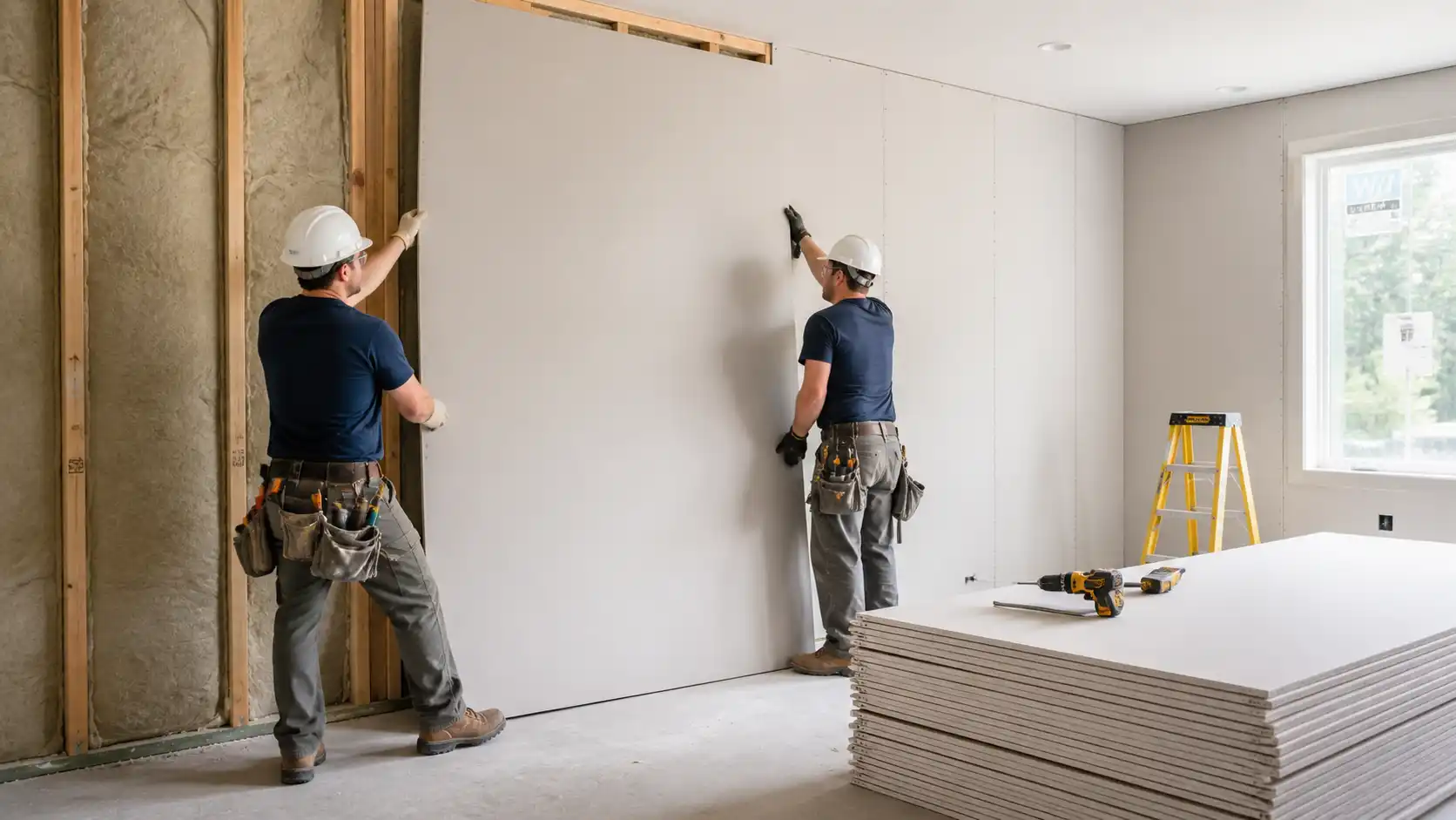 Professional drywall installation on new construction framing