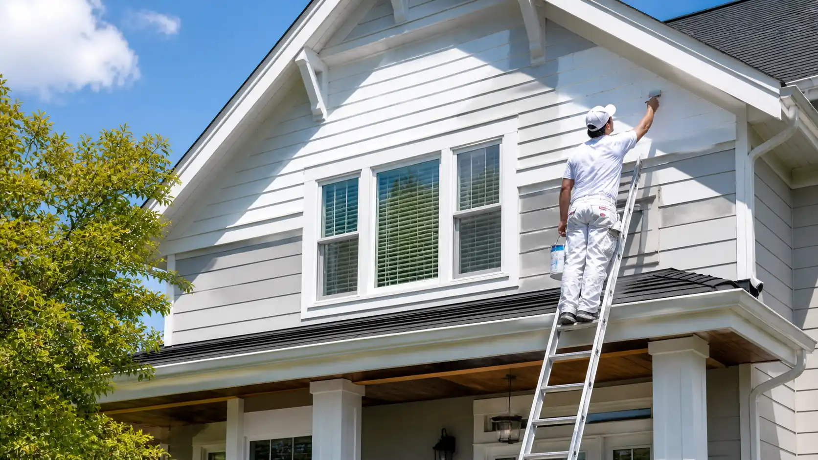 Professional exterior painting of a two-story home with fresh paint and clean lines