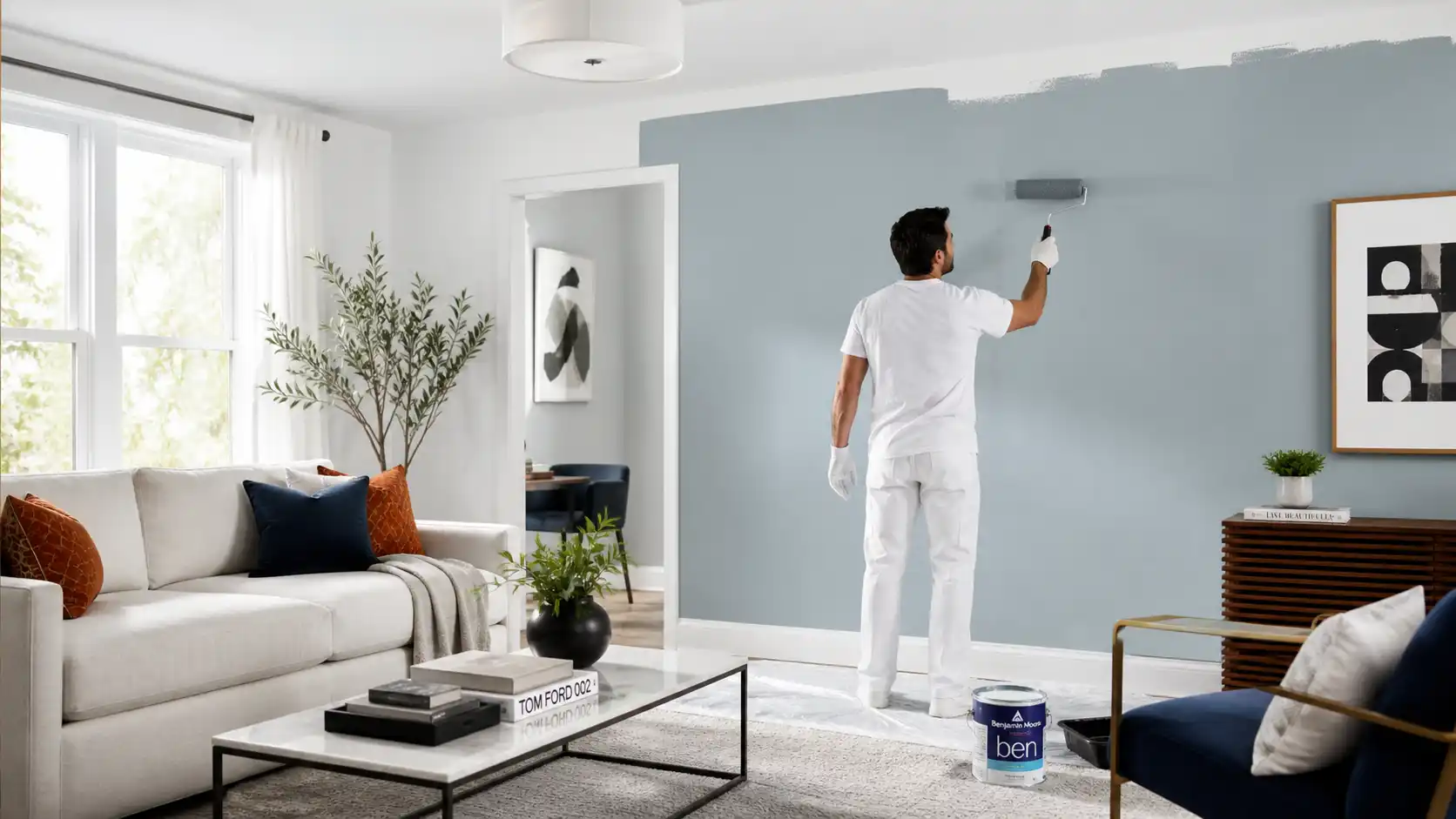 Professional interior painting of a living room with crisp lines and smooth finish